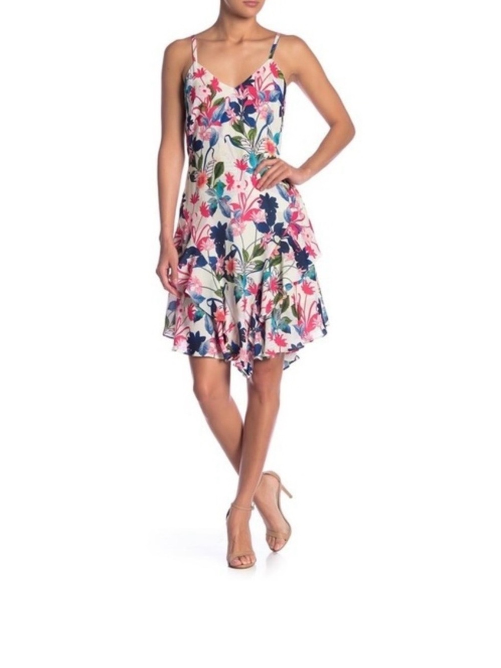 Parker Floral Asymmetrical Hem Dress Size M Spaghetti Strap Ruffle Midi